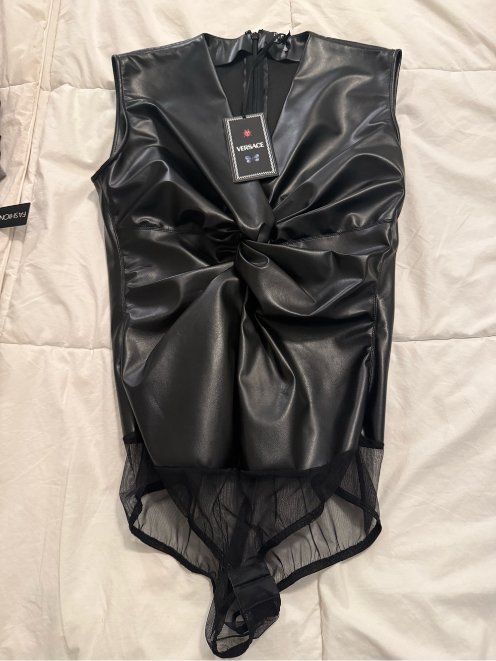 Versace Black Faux-Leather Twist-Front Mesh Bodysuit